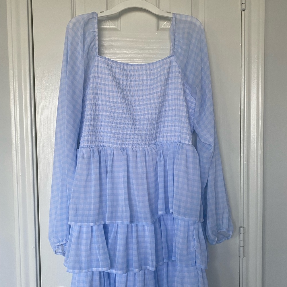 Long sleeve Gingham Blue MIDI Dress